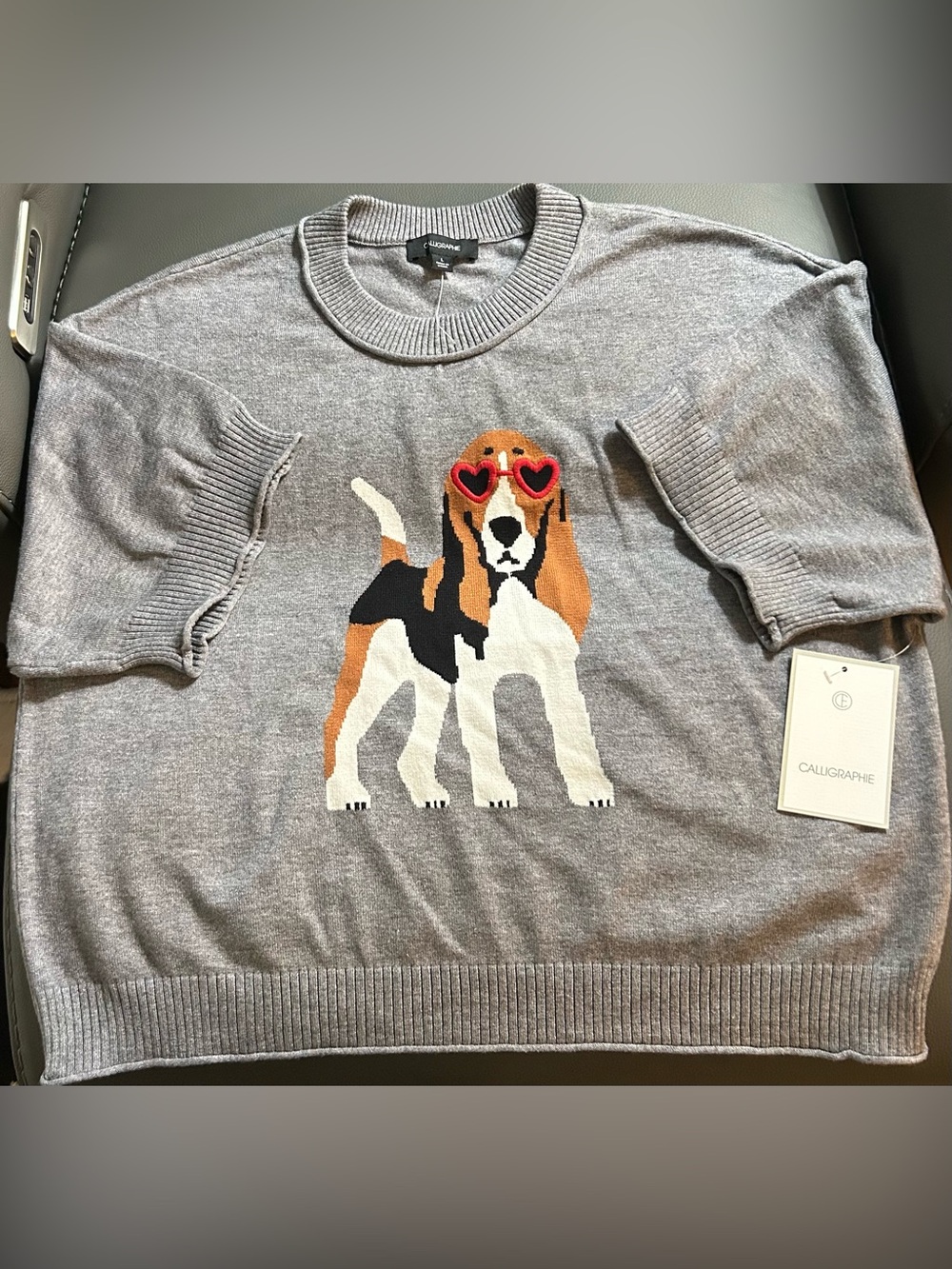 Calligraphy Beagle heart sunglasses short sleaved sweater gray Size Xl